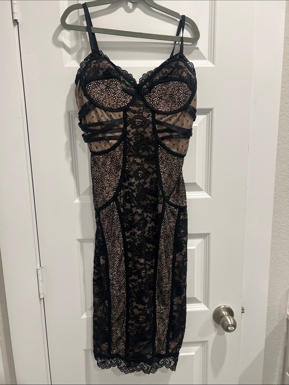 bebe Black Lace Midi Dress with Nude Underlay